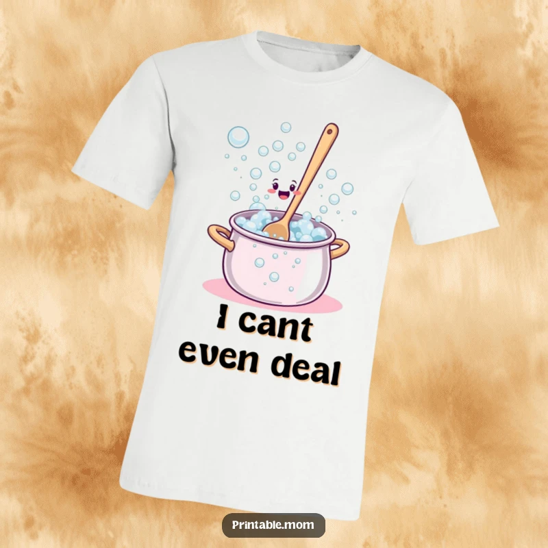 Funny T-Shirt depicting a bewildered spoon stirring a comically overflowing pot of sudsy bubbles.