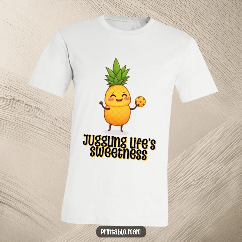 Funny T-Shirt depicting a giggling pineapple juggling small fruits using its leafy top.