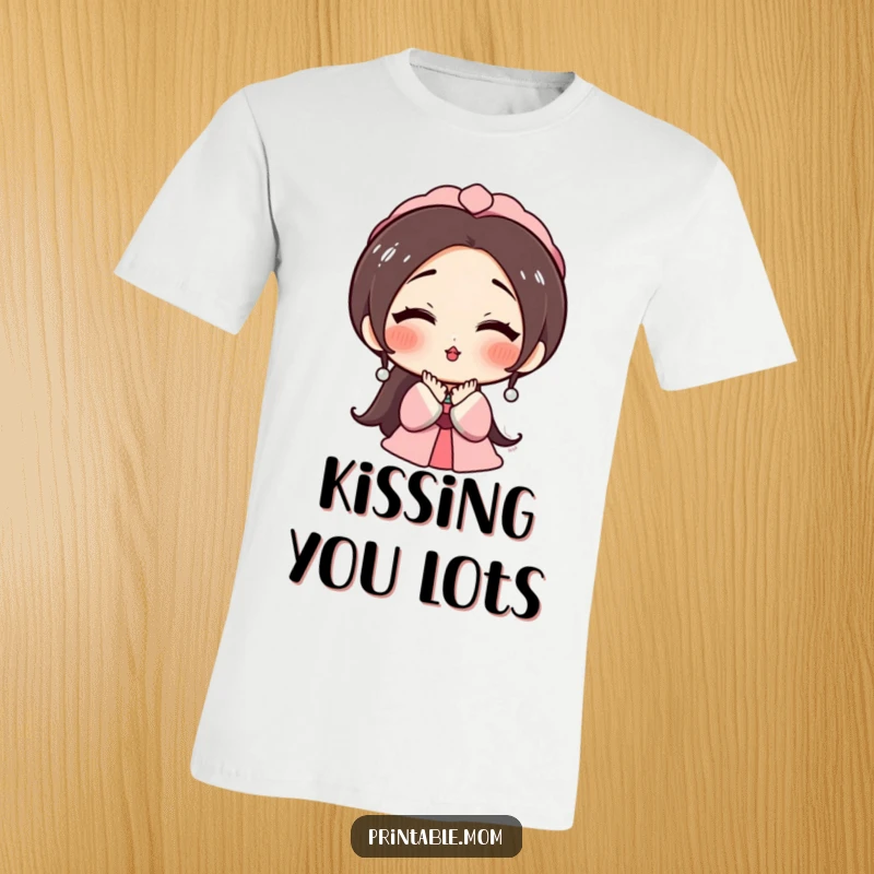 Funny t-shirt showing a rosy-cheeked mom character blowing a kiss, symbolizing love and warmth, ideal for any mom.