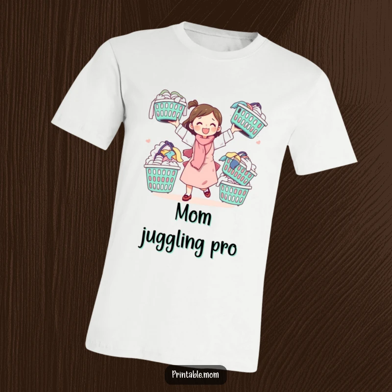 Funny t-shirt featuring a cute mom character joyfully juggling overflowing laundry baskets, celebrating the humor in motherhood.
