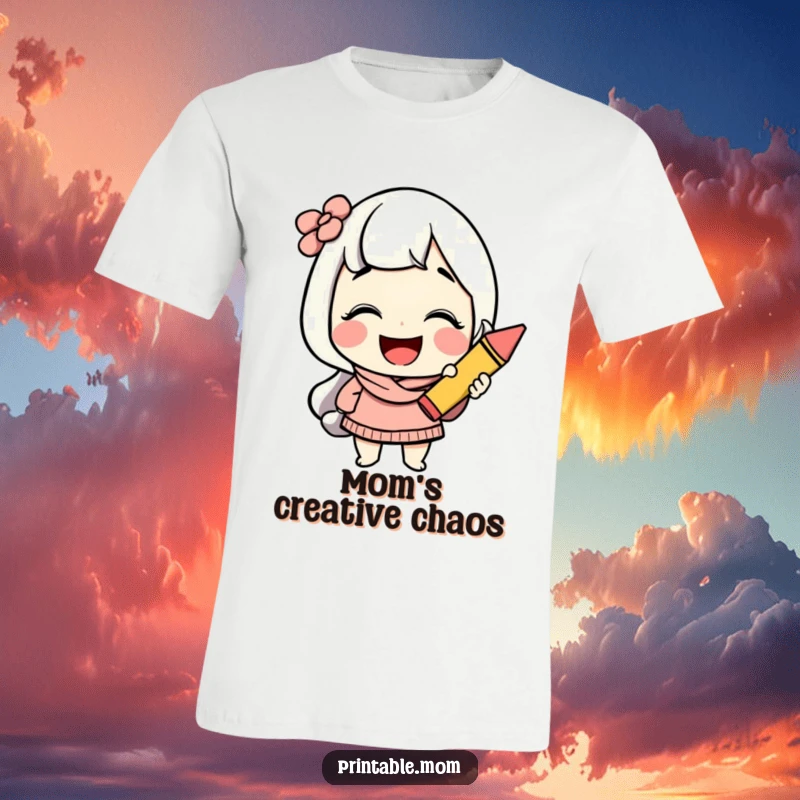 Funny mom t-shirt with a cheerful character giggling while holding a colorful crayon, celebrating artistic moms.