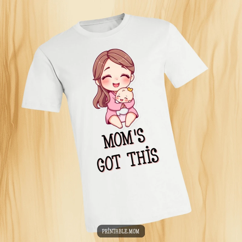 Funny t-shirt depicting a loving motherly character with a big smile hugging a tiny baby, showing tender affection.