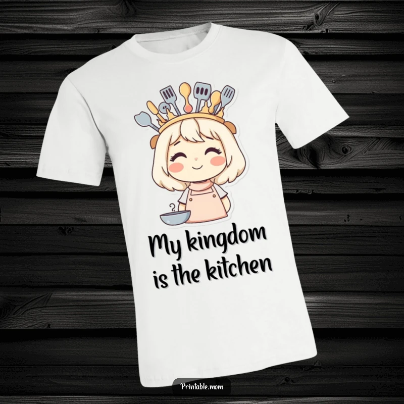 Funny t-shirt showcasing a smiling mom with a crown crafted from kitchen utensils, a symbol of her cooking royalty.