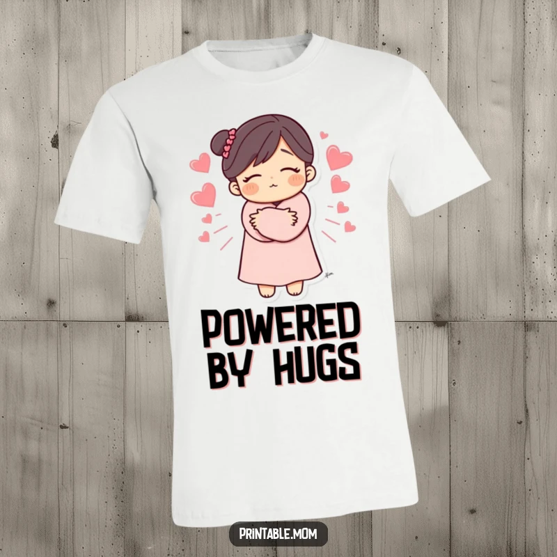 Funny Mom T-Shirt featuring a loving mom character hugging with hearts flowing out, perfect for expressing warmth and a funny gift.