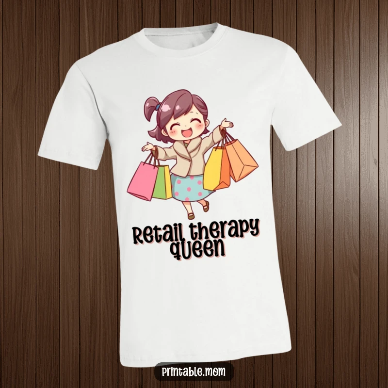 Funny mom t-shirt showing a happy mom with arms full of shopping bags, perfect for fashion lovers.