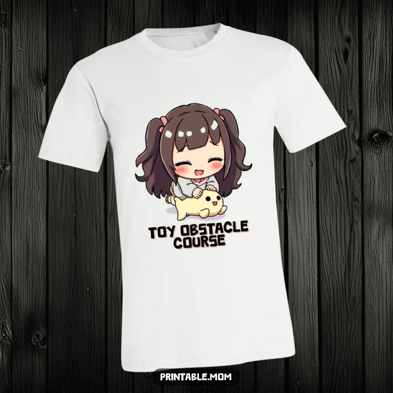 Funny mom t-shirt featuring a cheerful mom tripping over a toy, celebrating the humor in active parenting.