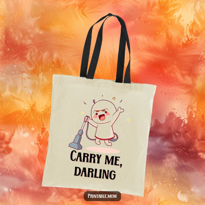 Funny tote bag featuring a character in a silly dance pose with a vacuum cleaner, ideal for carrying items with a humorous cleaning theme.