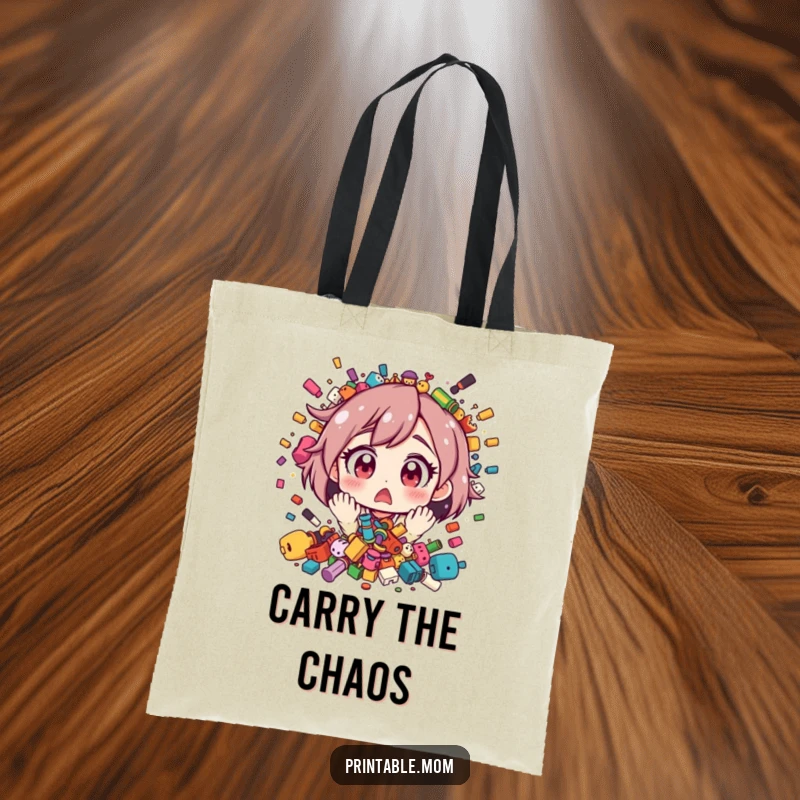 Funny tote bag print of a mom character looking utterly surprised by a sudden, colorful explosion of toys.