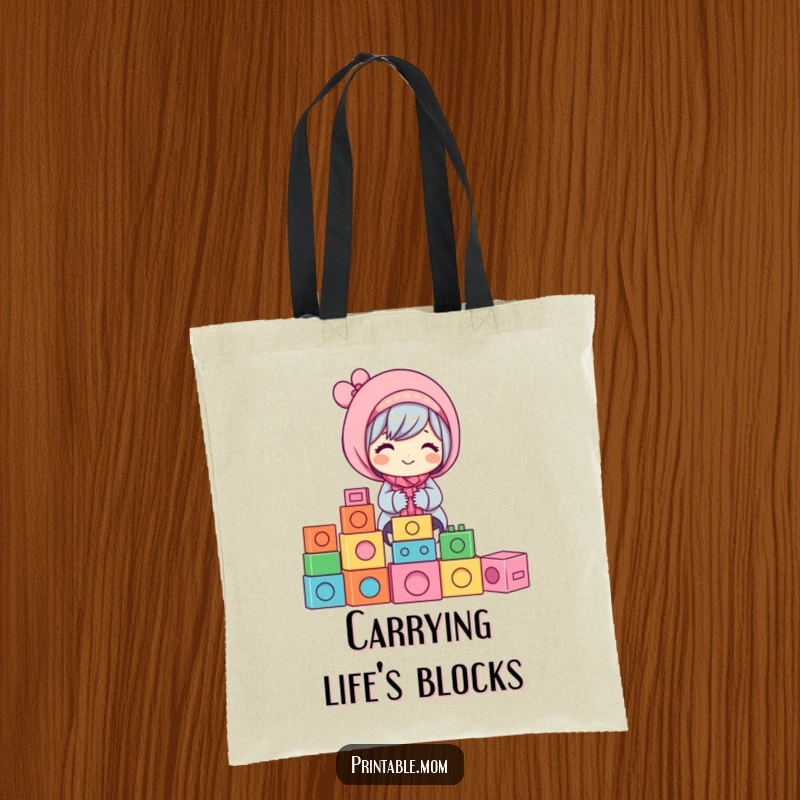 Funny Mom Tote Bag: Features a happy mom stacking colorful building blocks, a fun and funny gift.