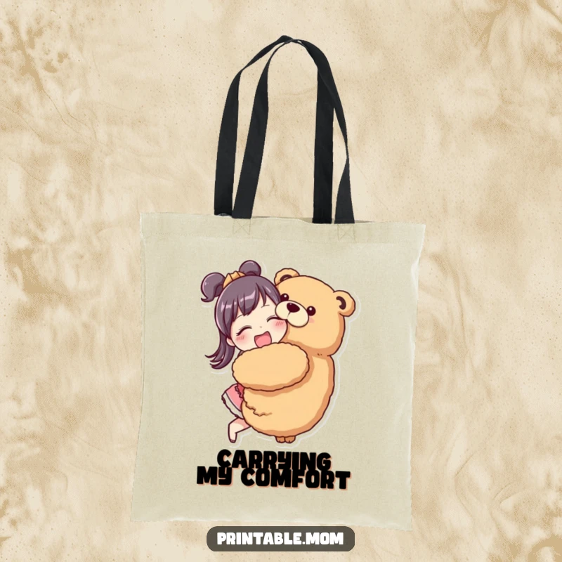 Funny Mom Tote Bag with a mom character enthusiastically hugging a giant stuffed animal, perfect for carrying things.
