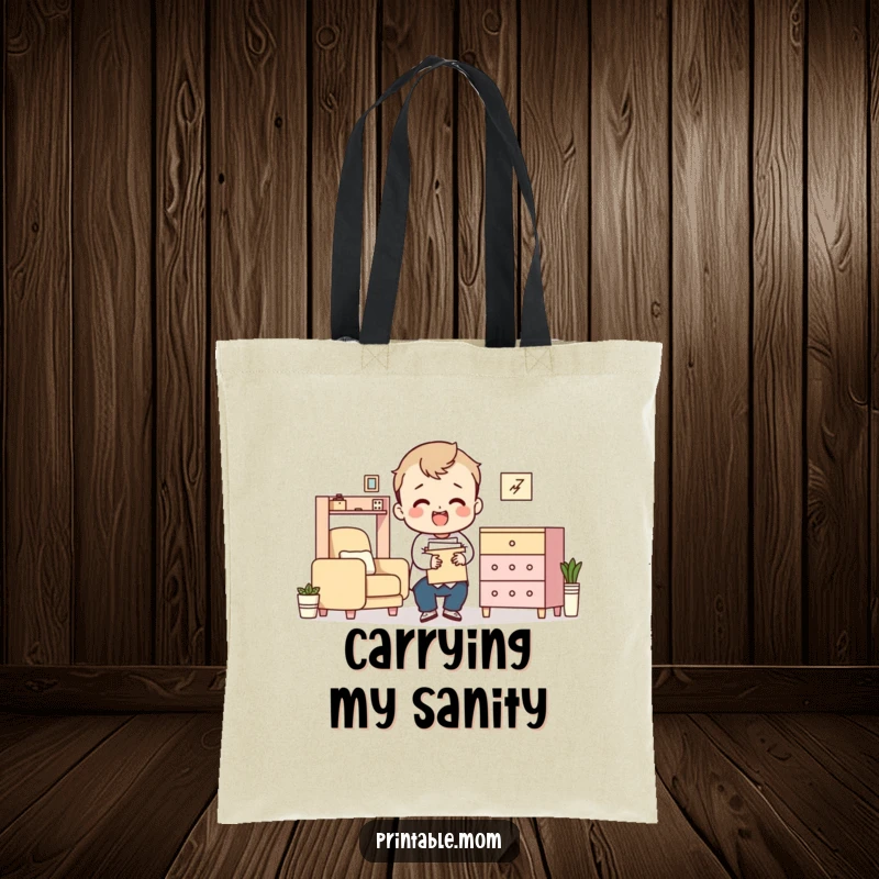 Funny tote bag showing a character comically defeated by flat-pack furniture while carrying groceries.