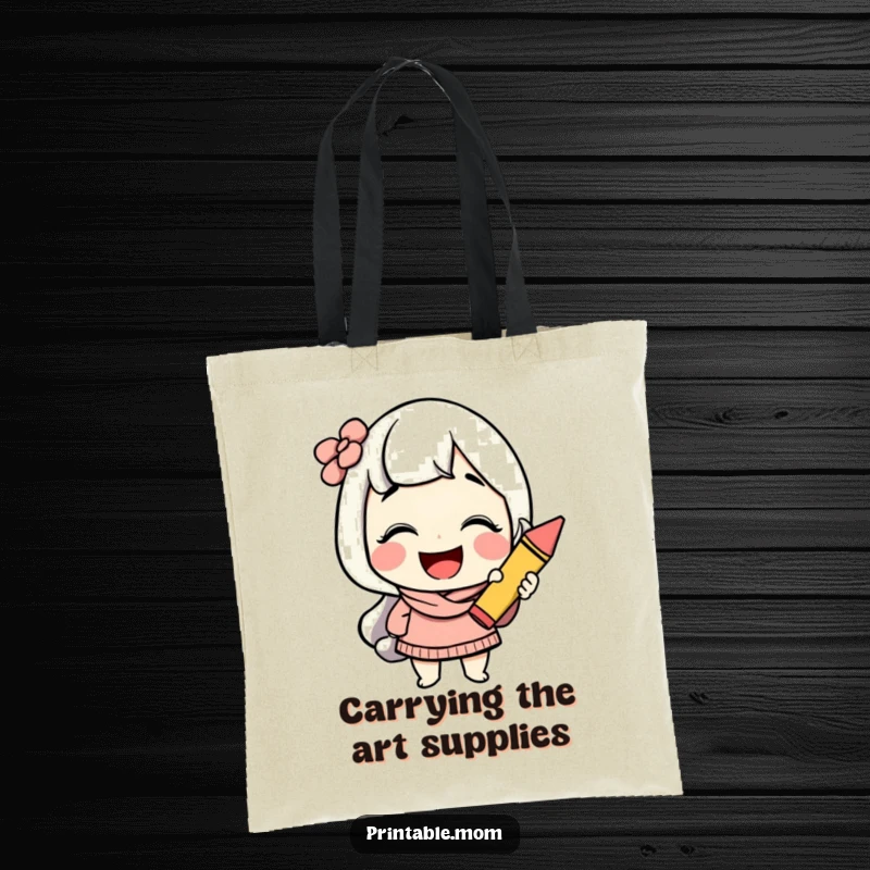 Funny mom tote bag with a cheerful character giggling while holding a colorful crayon, perfect for carrying art supplies.