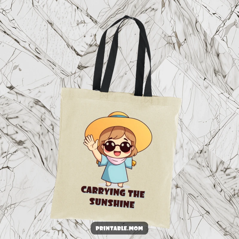 Funny tote bag featuring a mom in a sun hat waving enthusiastically, perfect for carrying essentials with sunny charm.