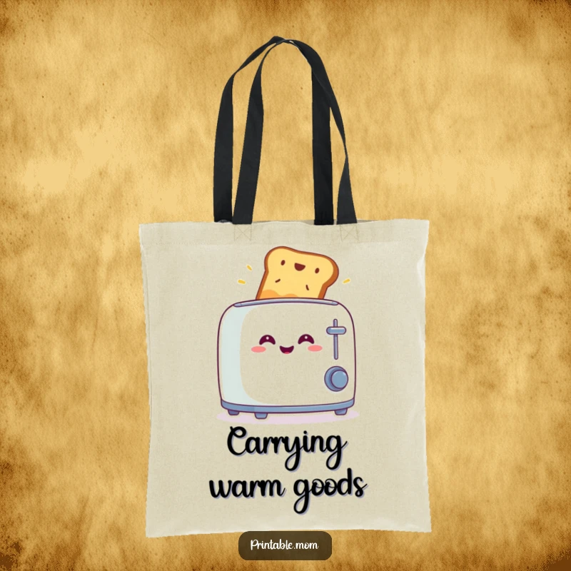 Funny tote bag with a smiling toaster launching toast in surprise, ideal for groceries or daily errands with a humorous twist.