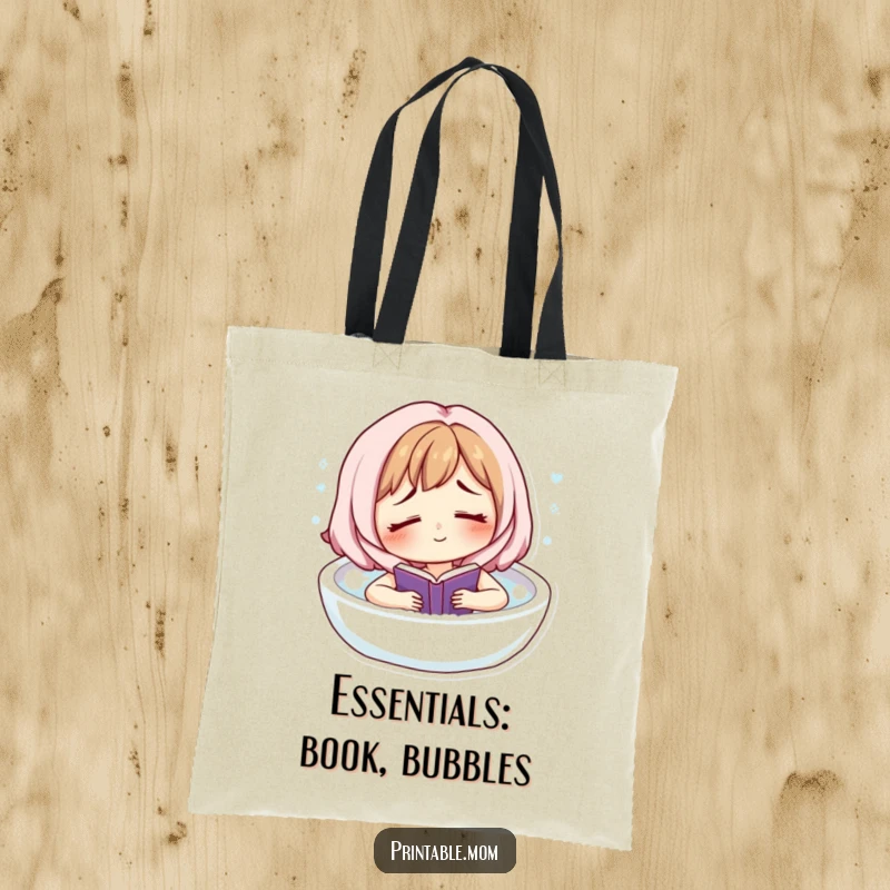 Funny tote bag featuring a tired but smiling mom character floating in a bubble bath, reading a book, ready for errands.