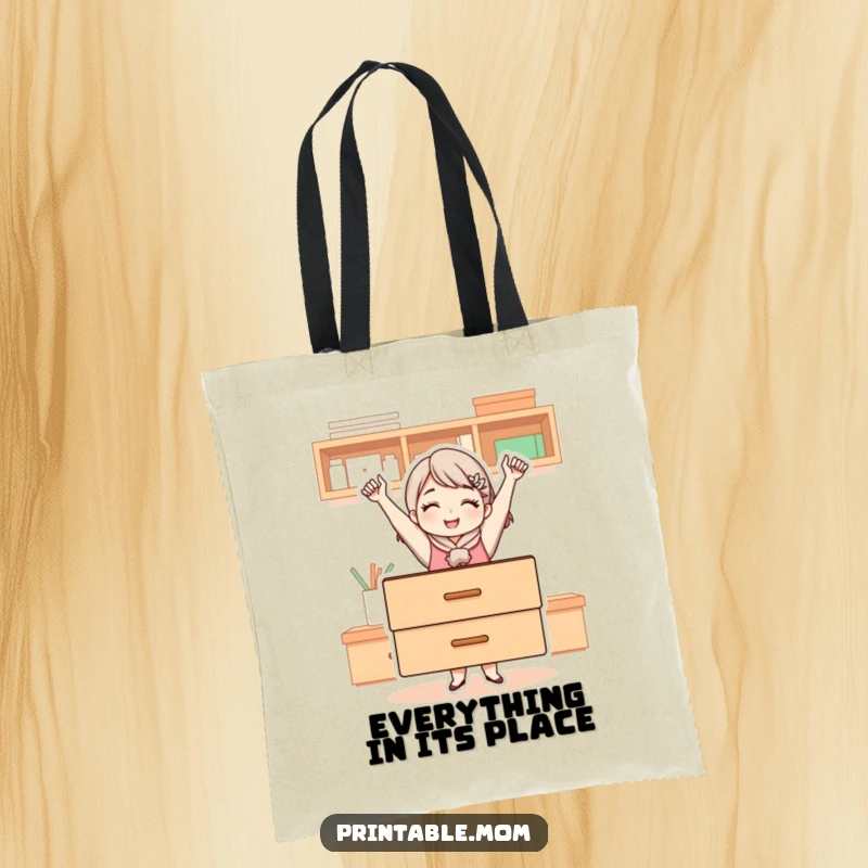 Funny tote bag featuring a mom character exclaiming victory while holding up a perfectly arranged and tidy drawer.