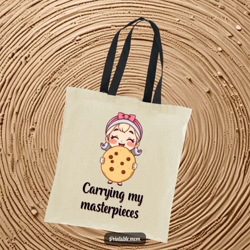Funny tote bag with a cheerful mom holding a massive, perfect cookie, perfect for carrying baking ingredients.