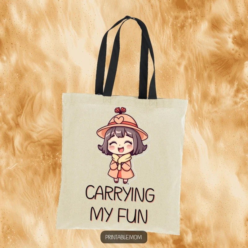 Funny Mom Tote Bag with a mom character wearing a funny hat and looking delighted, stylish and practical.