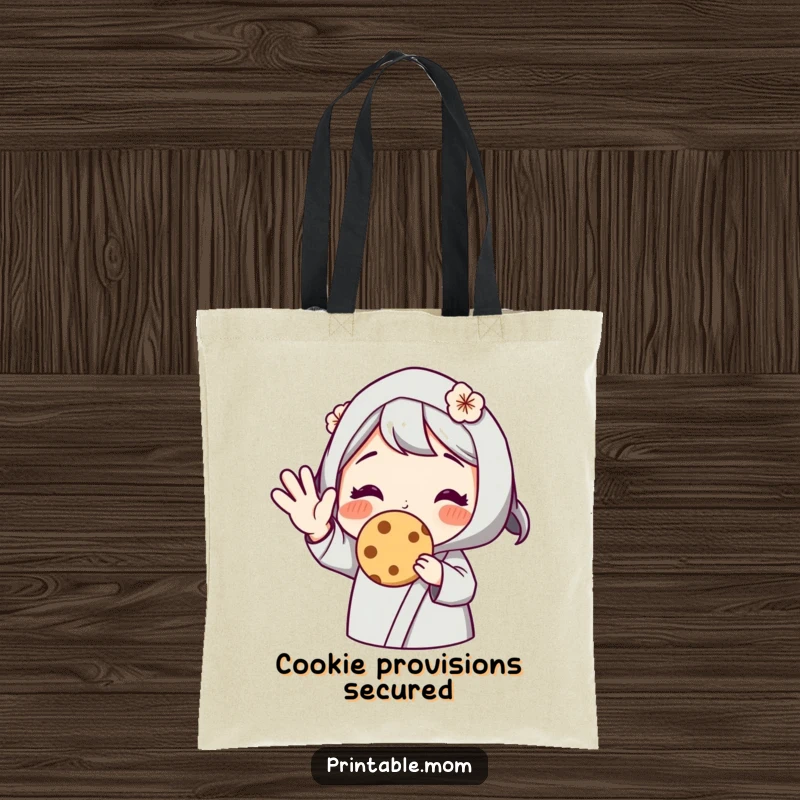 Funny tote bag with a mom character waving and offering a cookie, symbolizing warmth and treats, a practical and charming accessory.