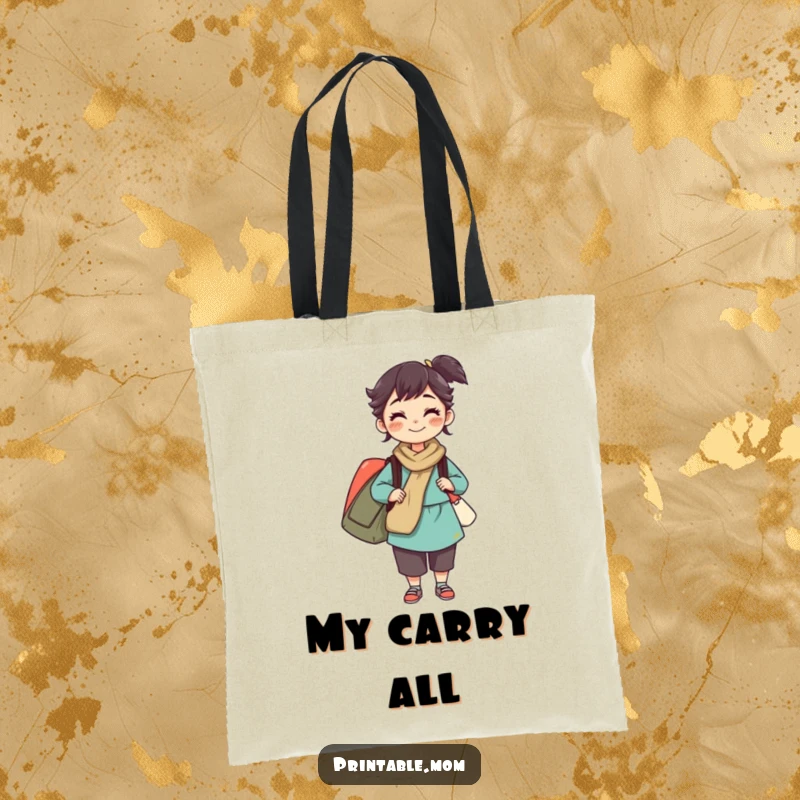 Funny tote bag with a mom character balancing multiple bags, symbolizing strength and multitasking, a practical and humorous accessory.