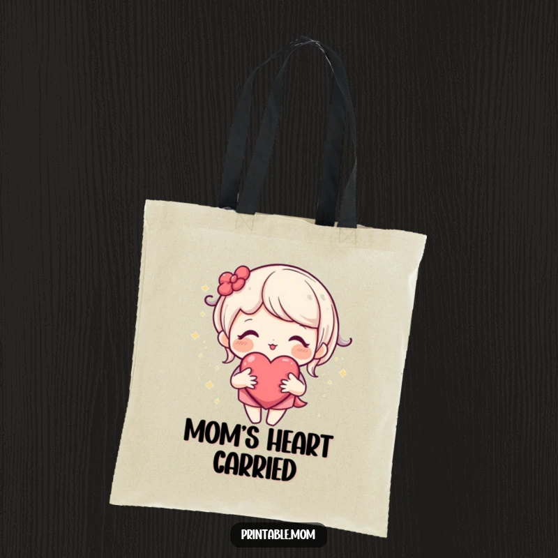 Funny tote bag showcasing a loving mom character with an open heart radiating tiny sparkles, perfect for carrying daily items.
