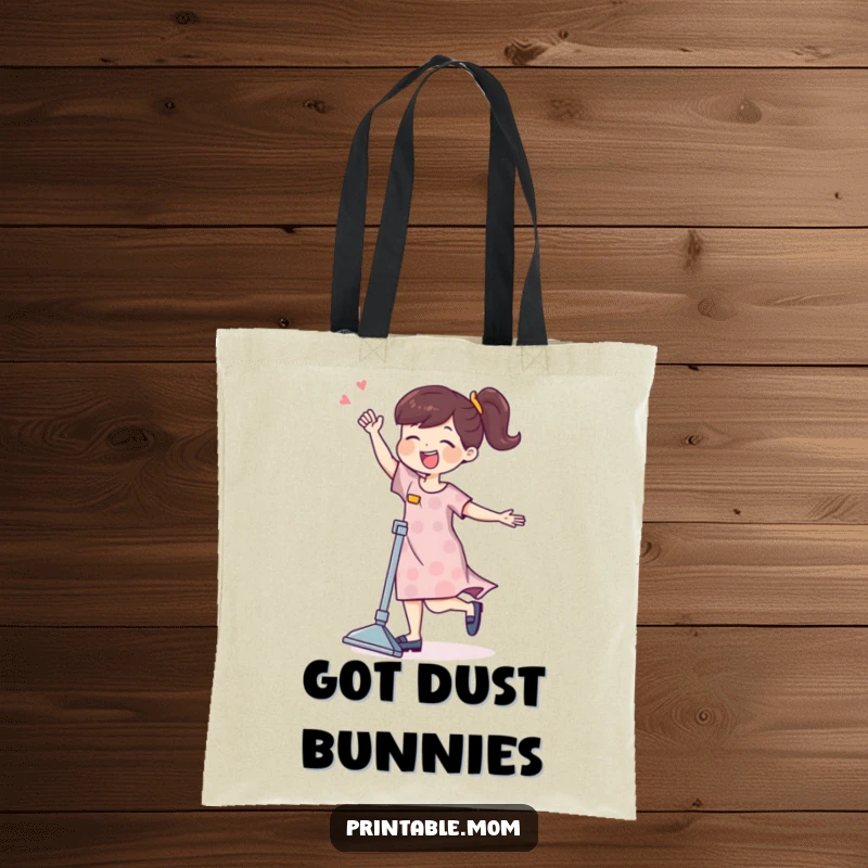 A funny mom character joyfully dances with a vacuum cleaner on a durable and stylish chore tote bag.