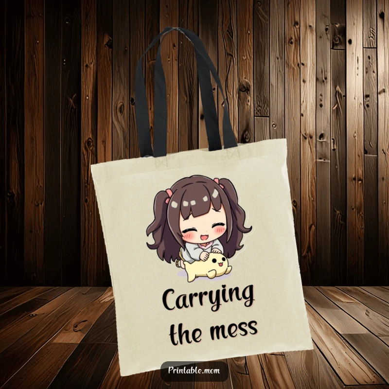 Funny mom tote bag with a smiling mom tripping over a stray toy, perfect for playdates or errands.