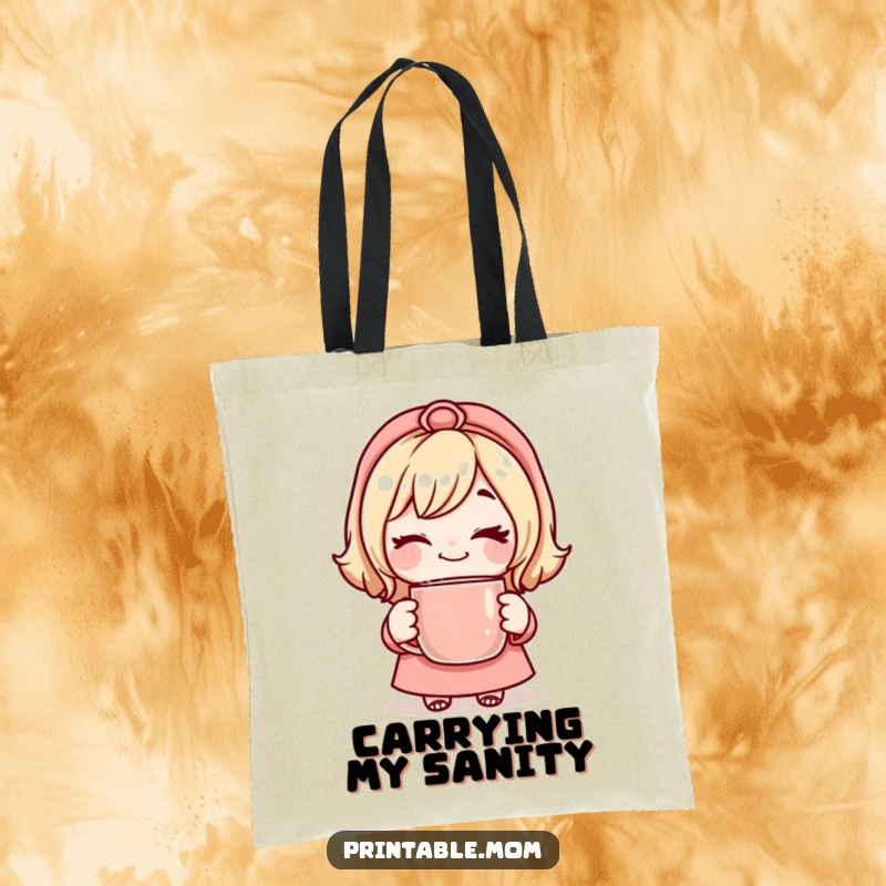 Funny Mom Tote Bag with a mom character giving a playful wink, holding a steaming mug.