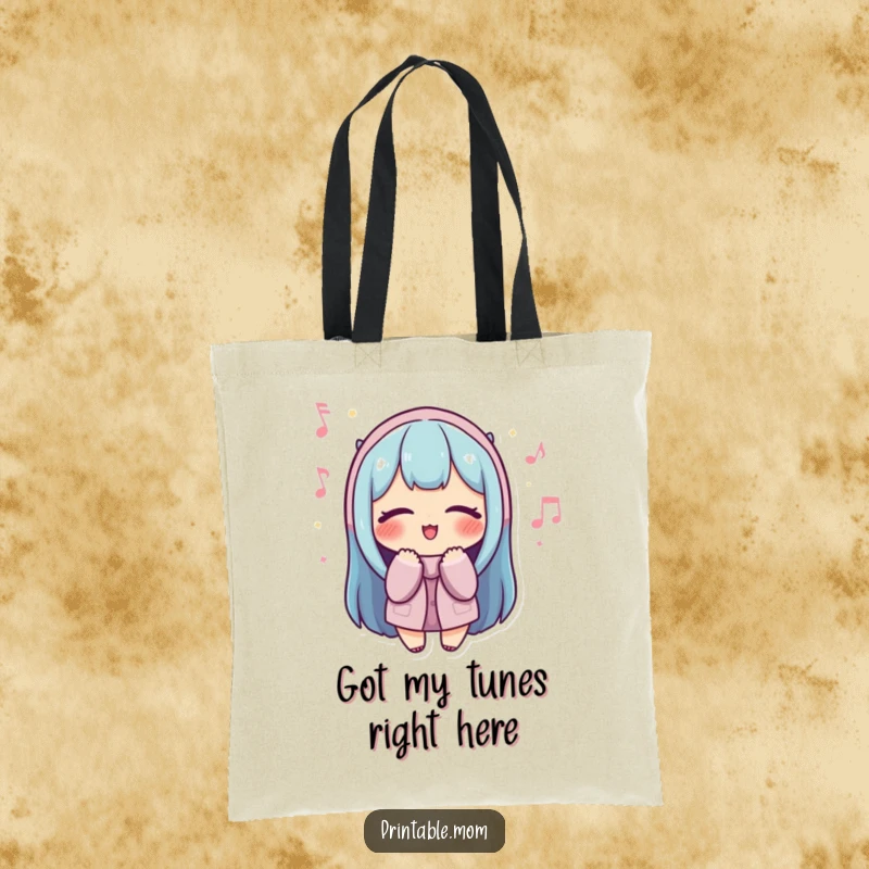 Funny Mom Tote Bag: A mom smiles serenely with eyes closed, humming a cheerful tune, ready to shop.