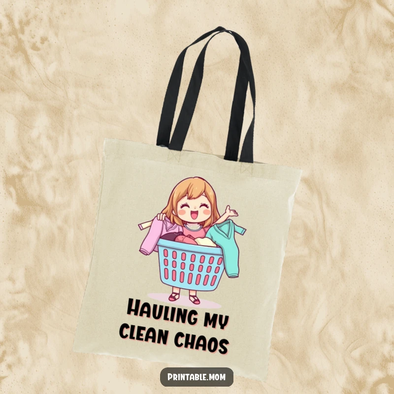 Funny tote bag showing a happy mom character gleefully throwing clothes from a laundry basket, perfect for laundry day.