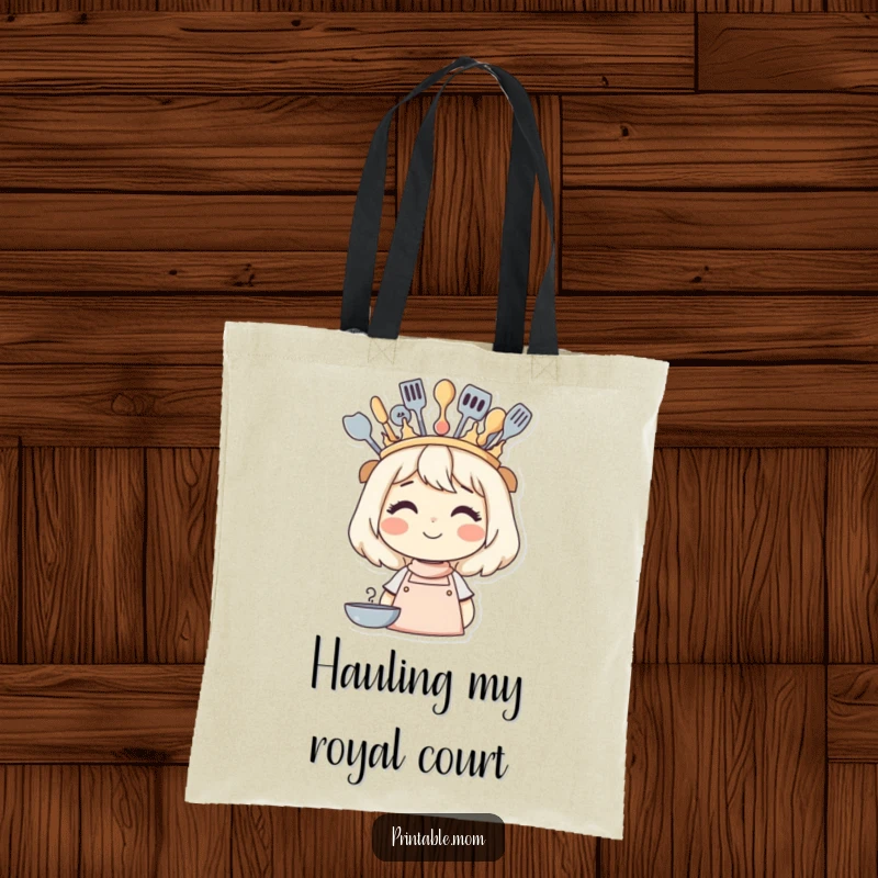 Funny tote bag with a smiling mom wearing a crown made of cooking utensils, perfect for grocery runs and kitchen command.