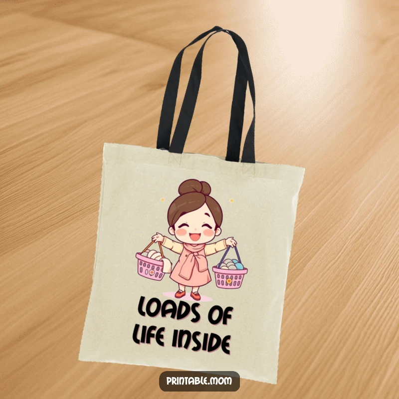 Funny tote bag with a happy mom juggling laundry baskets, functional for carrying items and humorous for daily use.