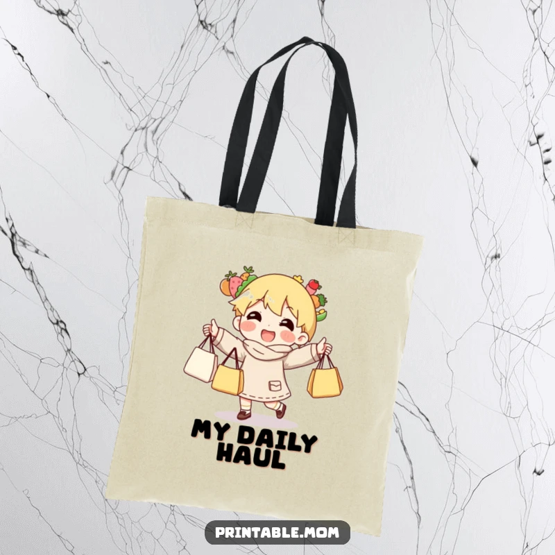 Funny tote bag showing a character expertly juggling grocery bags, ready for the checkout.