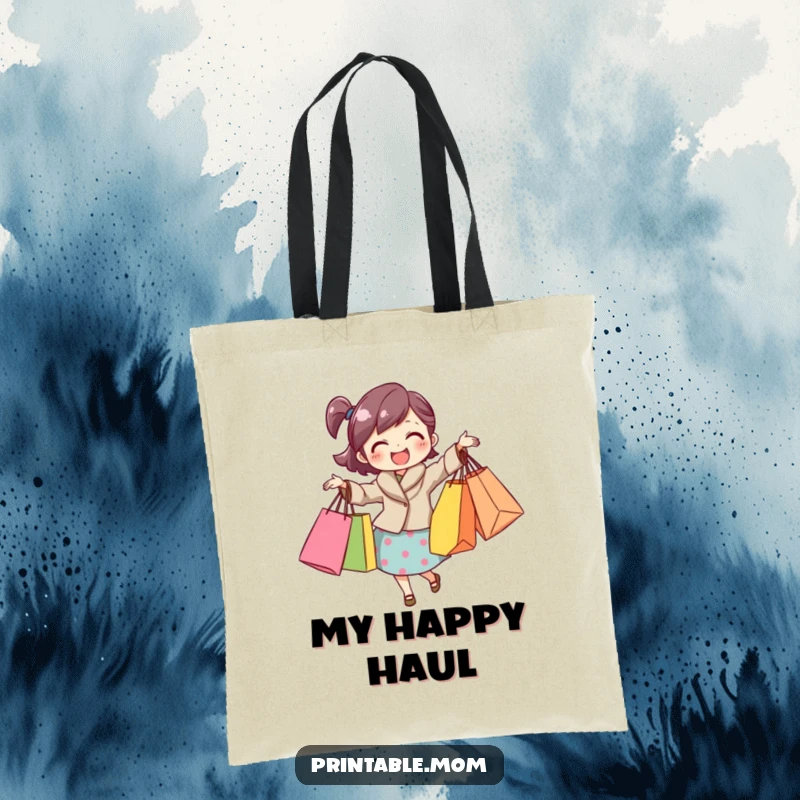 Funny mom tote bag with a joyful mom carrying many shopping bags, perfect for groceries or retail therapy.
