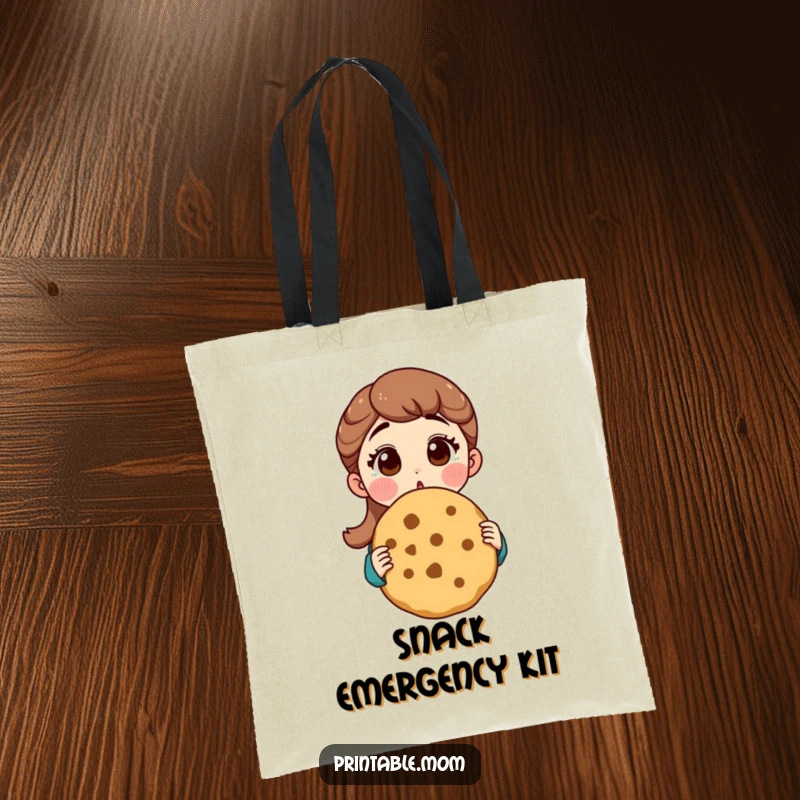 Funny mom tote bag depicting a mom's surprised face holding a huge cookie, ideal for grocery or treat runs.